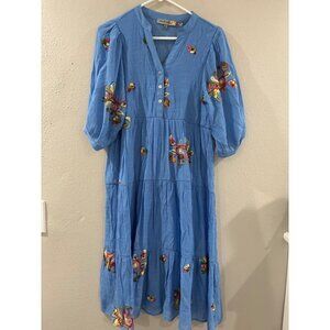 Figueroa & Flower Dress Womens  Bohemian Blue Midi Flowers Embroidered size S
